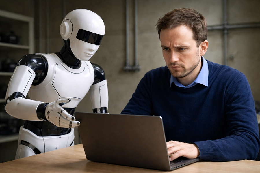 hombre con notebook asistido por robot