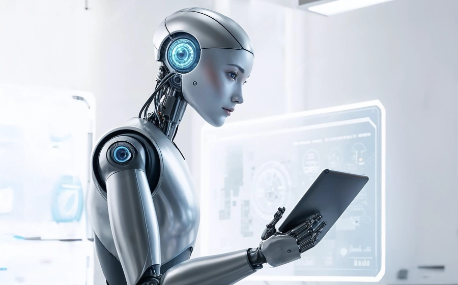 robot trabajando en dispositivo digital